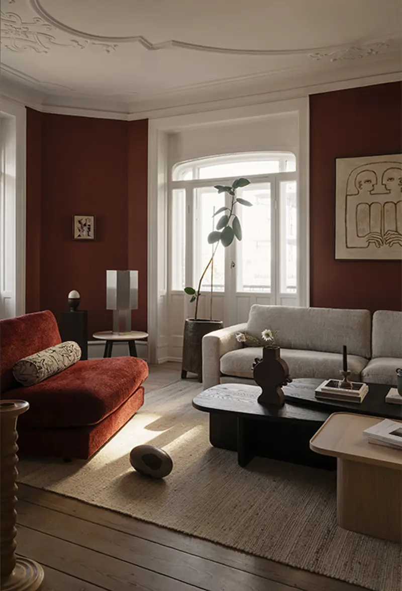 Duncan modular sofa beige red coffee table.