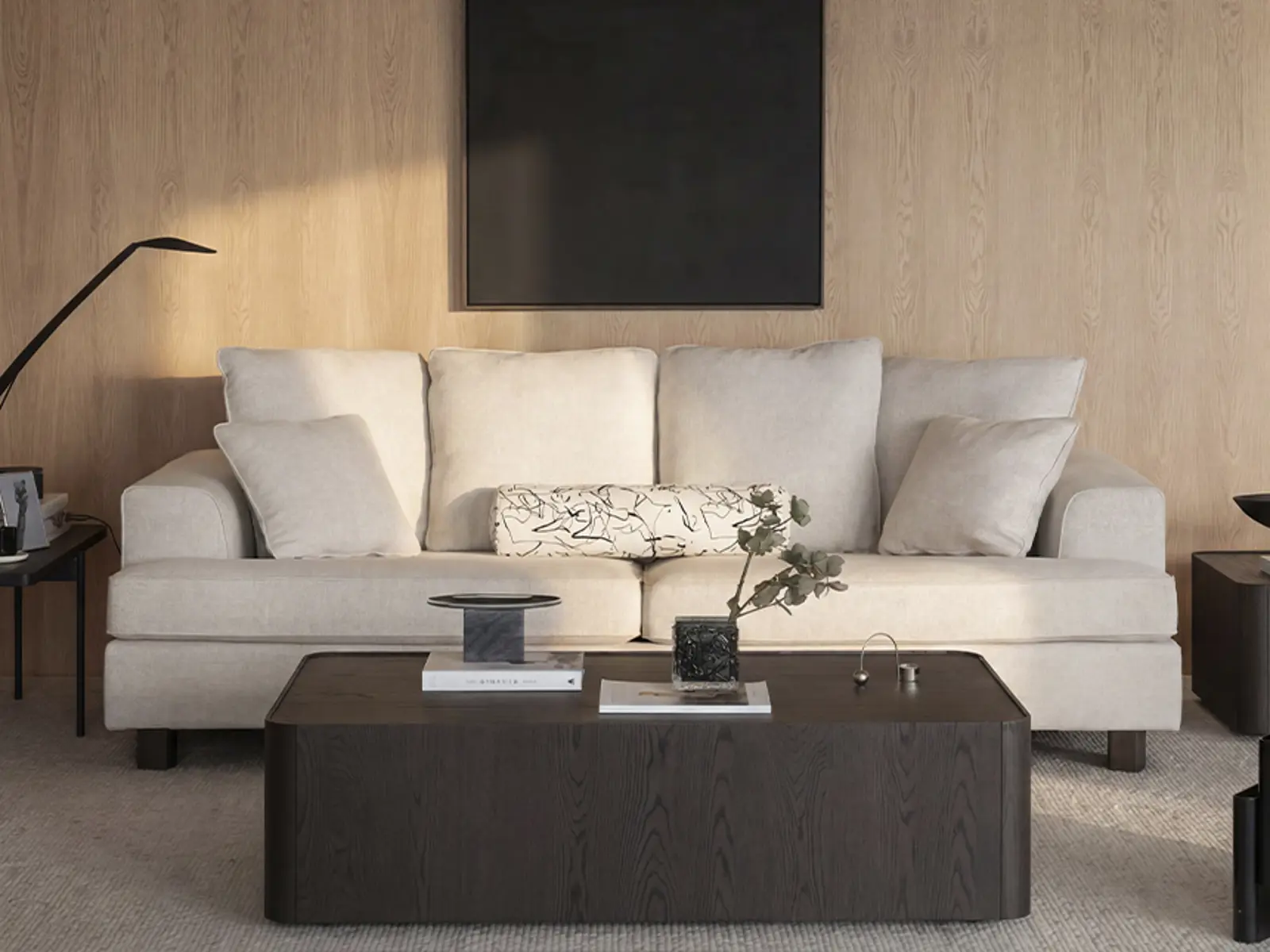 Hartsville beige sofa four backpillows front.