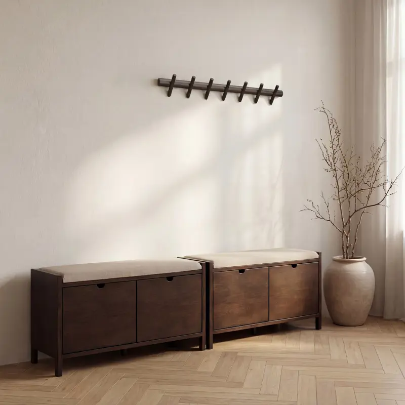Hillmond hallway bench brown beige hook rack.