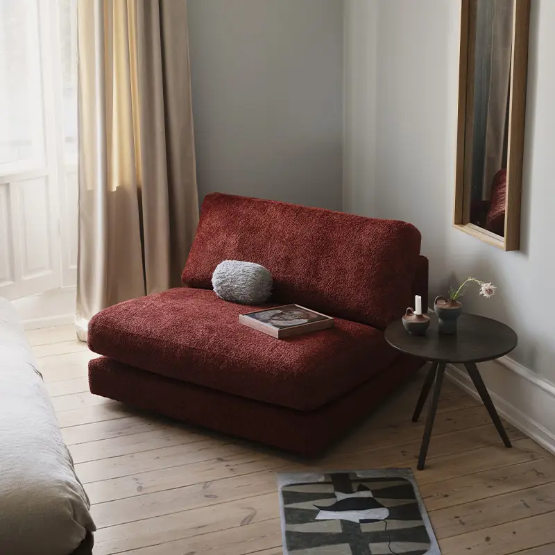 duncan red modular sofa yumi side table.