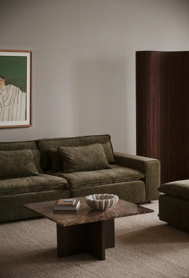 Rawlins sofa green brooksville coffee table brown.